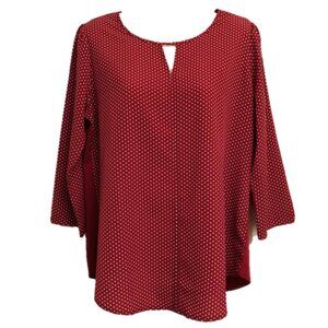 Van Heusen Women's Tunic Red Blouse with White Polka Dots, 3/4 Sleeve, Medium